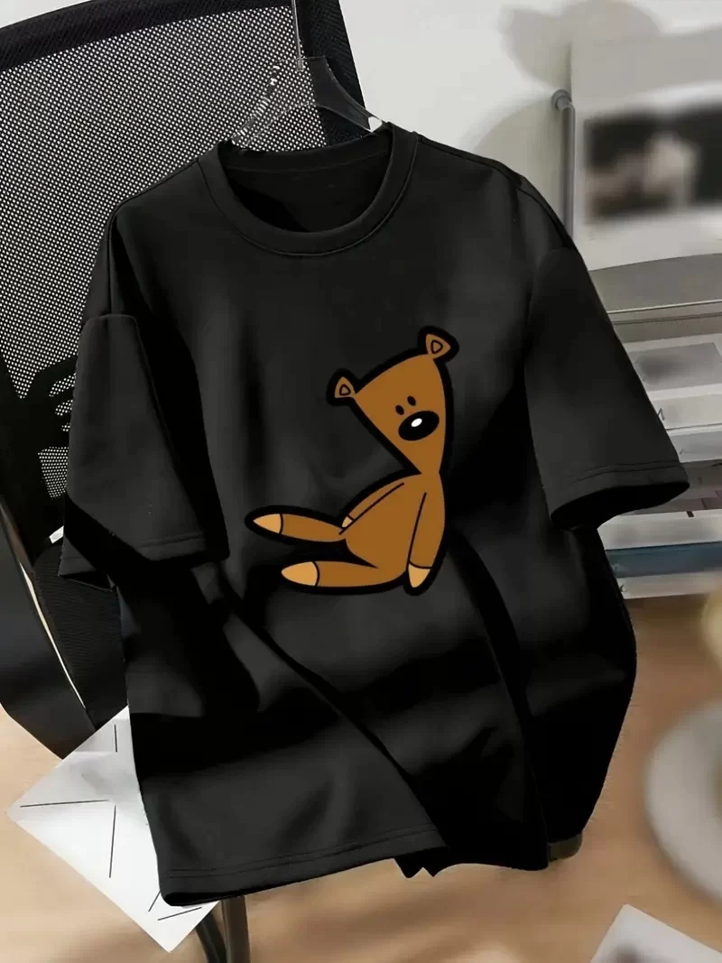 20/1 Penye Compack Ayı Baskılı Oversize Bisiklet Yaka Kısa Kol T-shirt - Siyah