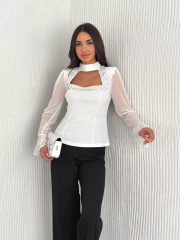 Penye Uzun Kollu Kadın Kolları Şifon Göğüste İnci Boncuk detaylı Bluz - Beyaz
