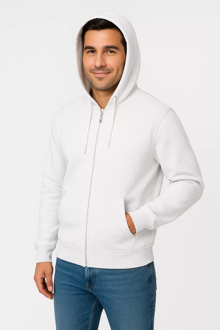 Erkek Üç İplik Kapüşonlu Tam Fermuarlı Kanguru Cepli SweatShirt Hoodie - Beyaz