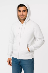 Erkek Üç İplik Kapüşonlu Tam Fermuarlı Kanguru Cepli SweatShirt Hoodie - Beyaz
