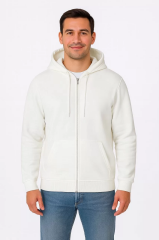 Erkek Üç İplik Kapüşonlu Tam Fermuarlı Kanguru Cepli SweatShirt Hoodie - Beyaz