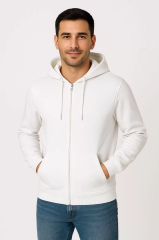 Erkek Üç İplik Kapüşonlu Tam Fermuarlı Kanguru Cepli SweatShirt Hoodie - Beyaz