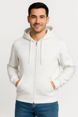 Erkek Üç İplik Kapüşonlu Tam Fermuarlı Kanguru Cepli SweatShirt Hoodie - Beyaz