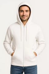 Erkek Üç İplik Kapüşonlu Tam Fermuarlı Kanguru Cepli SweatShirt Hoodie - Beyaz