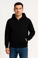 Erkek Üç İplik Kapüşonlu Tam Fermuarlı Kanguru Çepli SweatShirt Hoodie - Siyah