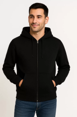 Erkek Üç İplik Kapüşonlu Tam Fermuarlı Kanguru Çepli SweatShirt Hoodie - Siyah