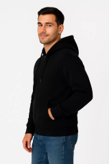 Erkek Üç İplik Kapüşonlu Tam Fermuarlı Kanguru Çepli SweatShirt Hoodie - Siyah