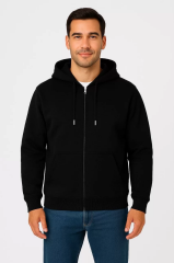 Erkek Üç İplik Kapüşonlu Tam Fermuarlı Kanguru Çepli SweatShirt Hoodie - Siyah