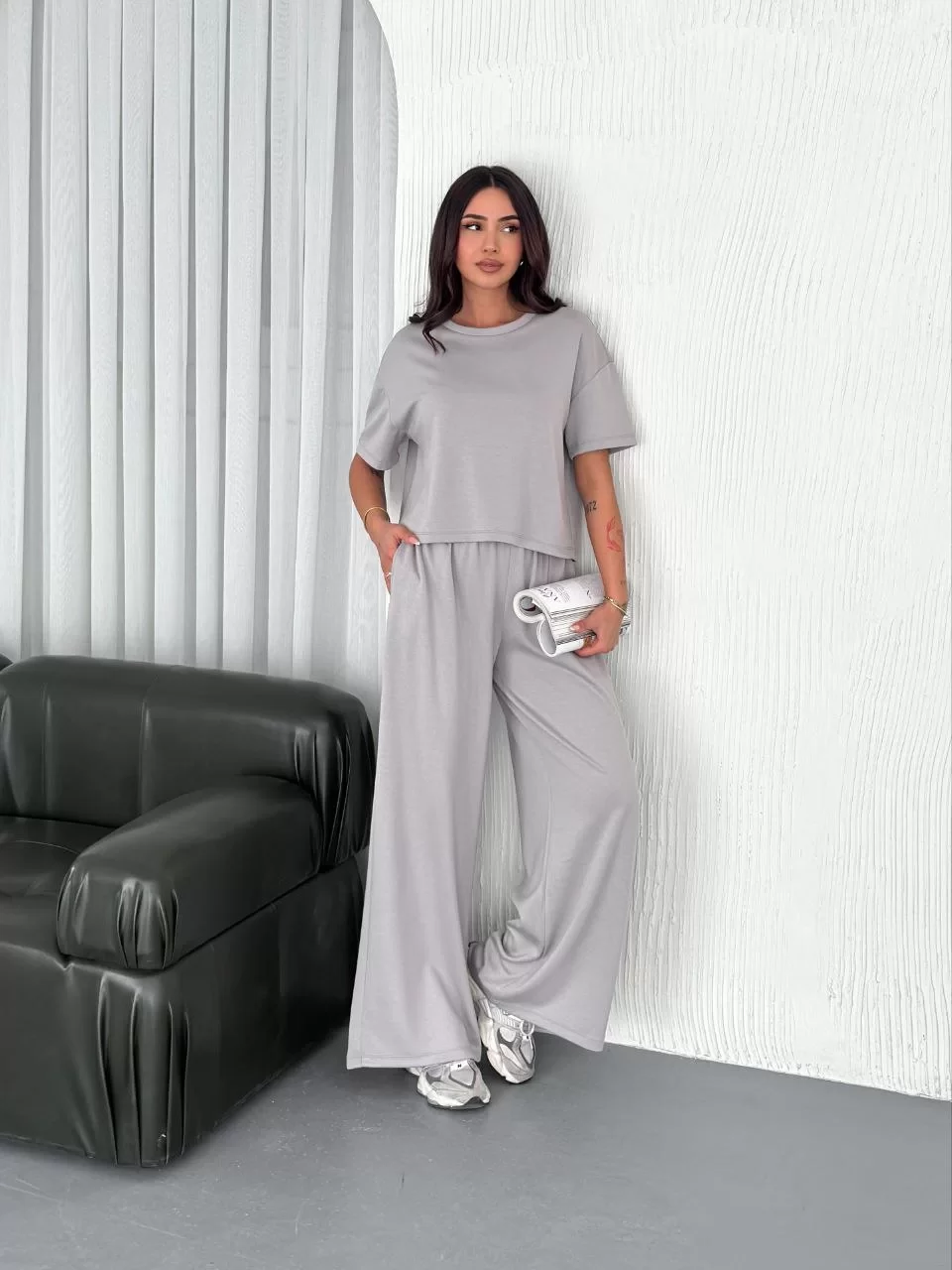 Osy Modal Yumuşak Dokulu Kumaş Bisiklet Yaka T-shirt Bol paça Pantalon ikili Takım - Boyalı Gri