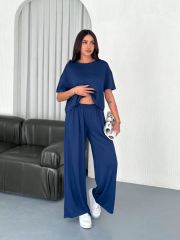 Osy Modal Yumuşak Dokulu Kumaş Bisiklet Yaka T-shirt Bol paça Pantalon ikili Takım -Saks Mavi