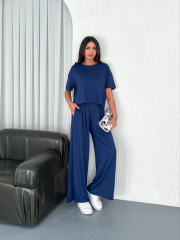 Osy Modal Yumuşak Dokulu Kumaş Bisiklet Yaka T-shirt Bol paça Pantalon ikili Takım -Saks Mavi