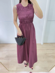 Kolsuz Göğüs Lastıklı %100 Poplin Uzun Elbise - Bordo