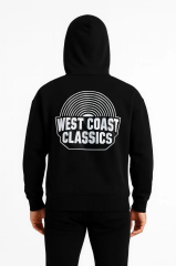 Erkek Kapşonlu Sweatshirt – Oversize Üç İplik Şardonlu Hoodie, “West Coast Classics” Ön & Arka Baskılı, Kanguru Cepli Kışlık Günlük Stil - Siyah
