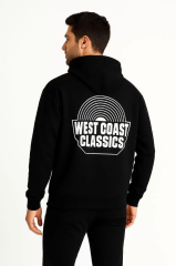 Erkek Kapşonlu Sweatshirt – Oversize Üç İplik Şardonlu Hoodie, “West Coast Classics” Ön & Arka Baskılı, Kanguru Cepli Kışlık Günlük Stil - Siyah
