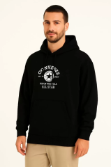 Erkek Kapşonlu Sweatshirt – Üç İplik Şardonlu Kumaş, Oversize Fit, Ön & Arka Baskılı, Kanguru Cepli, Kışlık Rahat Hoodie- Siyah