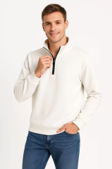 Erkek Dik Yaka Sweatshirt Dik Yaka Yarım Fermuarlı 3 İplik Şardonlu Pamuk Kumaş - Beyaz