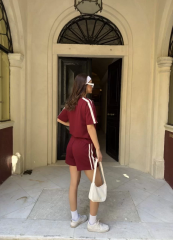 Osy Modal yumuşak dokulu Kumaş Kadın Parçalı Bisiklet Yaka T-shirt Mini Şortlu Etek İkili Takım -Bordo