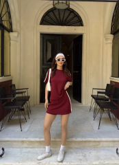 Osy Modal yumuşak dokulu Kumaş Kadın Parçalı Bisiklet Yaka T-shirt Mini Şortlu Etek İkili Takım -Bordo