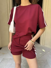 Osy Modal yumuşak dokulu Kumaş Kadın Parçalı Bisiklet Yaka T-shirt Mini Şortlu Etek İkili Takım -Bordo