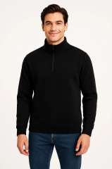 Erkek Dik Yaka Sweatshirt Dik Yaka Yarım Fermuarlı 3 İplik Şardonlu Pamuk Kumaş - Siyah