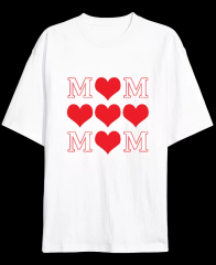 Anneler Gününe Özel Tasarım MOM Kalp Baskılı T-shirt - Beyaz