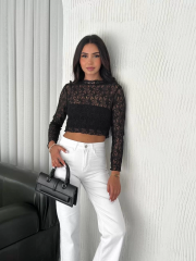 Kadın Dantel Uzun Kol Bluz- Siyah