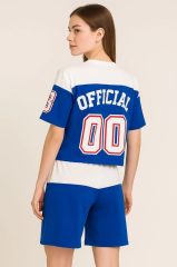 Kadın Şortlu Takım – Oversize İki İplik Kumaş, Ön & Arka Dijital Baskılı Tişört ve Lastikli Cepli Şort, Yazlık Günlük Spor Set - Mavi