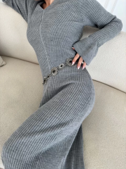 V Yaka Fitilli Uzun Elbise- Gri