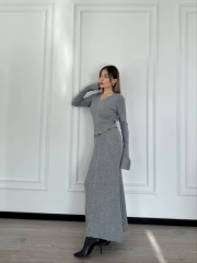 V Yaka Fitilli Uzun Elbise- Gri