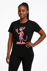 Kadın Bisiklet Yaka Kısa Kollu Baskılı T-shirt - Siyah