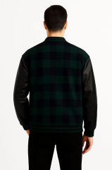 Erkek Kolej Ceket – Kareli Oduncu Kumaş, Kolları Suni Deri, Fermuarlı, İçi Kapitone Astarlı, Nakışlı Oversize Bahar & Kış Stil - Haki