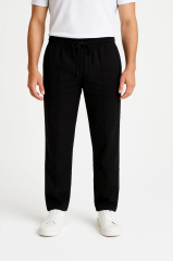 Erkek Keten Pantolon – Cepli, Beli Lastikli ve Bağcıklı, Nefes Alan Rahat Kalıp, Yazlık ve Baharlık Günlük Giyim, Şık & Konforlu Boru Paça Model - Siyah