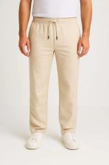 Erkek Keten Pantolon – Cepli, Beli Lastikli ve Bağcıklı, Nefes Alan Rahat Kalıp, Yazlık ve Baharlık Günlük Giyim, Şık & Konforlu Boru Paça Model - Bej