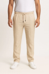 Erkek Keten Pantolon – Cepli, Beli Lastikli ve Bağcıklı, Nefes Alan Rahat Kalıp, Yazlık ve Baharlık Günlük Giyim, Şık & Konforlu Boru Paça Model - Bej