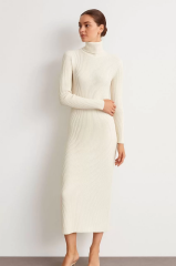 Kadın Boğazlı Triko Elbise – Uzun Fitilli Esnek Dokuma, Tam Kalıp, Kışlık & Baharlık Şık Rahat Stil, 130 cm Midi Boy Elbise - Beyaz