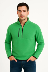 Erkek Polar Kazak – Dik Yaka, Yarım Fermuarlı, Fermuarlı Göğüs Cepli, Siyah Biyeli, Kışlık Rahat Regular Fit Günlük Model - Yeşil