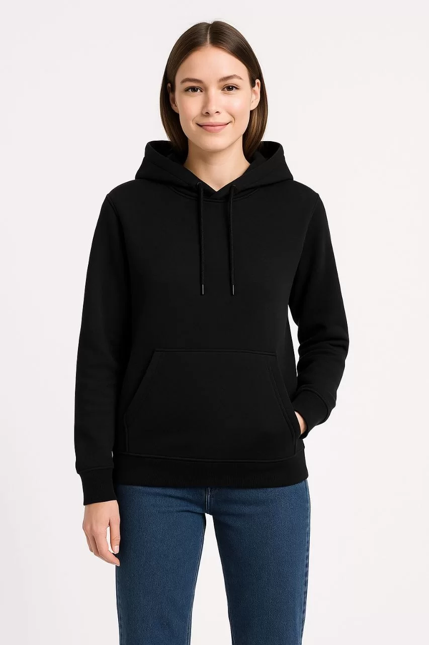 Kadın Üç İplik Kapüşonlu Kanguru Cepli Sweatshirt hoodie - Siyah