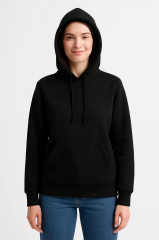 Kadın Üç İplik Kapüşonlu Kanguru Cepli Sweatshirt hoodie - Siyah