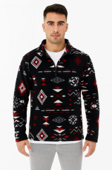 Erkek Yarım Fermuarlı Desenli Polar Sweat Tribal Etnik Desen Yakalı, Uzun Kollu, Oversize Rahat Kalıp, - Siyah