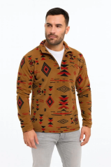 Erkek Yarım Fermuarlı Desenli Polar Sweat Tribal Etnik Desen Yakalı, Uzun Kollu, Oversize Rahat Kalıp, - Kahverengi