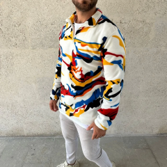 Erkek Yarım Fermuarlı Desenli Polar Sweat – Renkli Abstract Desen Yakalı, Uzun Kollu, Oversize Rahat Kalıp, - Beyaz