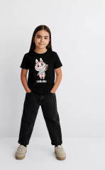 Kız Labubu Çocuk Baskılı T-Shirt - Siyah