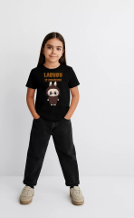 Kız Labubu Çocuk Baskılı T-Shirt - Siyah