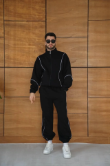 Erkek Premium Parçalı Eşofman Takım - Dik Yaka Fermuarlı Biyeli Sweatshirt Lastik Paça Alt, Oversize 3 iplik Şardonlu - Siyah