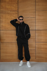 Erkek Premium Parçalı Eşofman Takım - Dik Yaka Fermuarlı Biyeli Sweatshirt Lastik Paça Alt, Oversize 3 iplik Şardonlu - Siyah