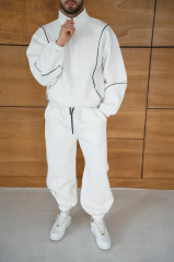Erkek Premium Parçalı Eşofman Takım - Dik Yaka Fermuarlı Biyeli Sweatshirt Lastik Paça Alt, Oversize 3 iplik Şardonlu - Beyaz