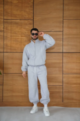 Erkek Premium Parçalı Eşofman Takım - Dik Yaka Fermuarlı Biyeli Sweatshirt Lastik Paça Alt, Oversize 3 iplik Şardonlu - Gri