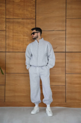 Erkek Premium Parçalı Eşofman Takım - Dik Yaka Fermuarlı Biyeli Sweatshirt Lastik Paça Alt, Oversize 3 iplik Şardonlu - Gri
