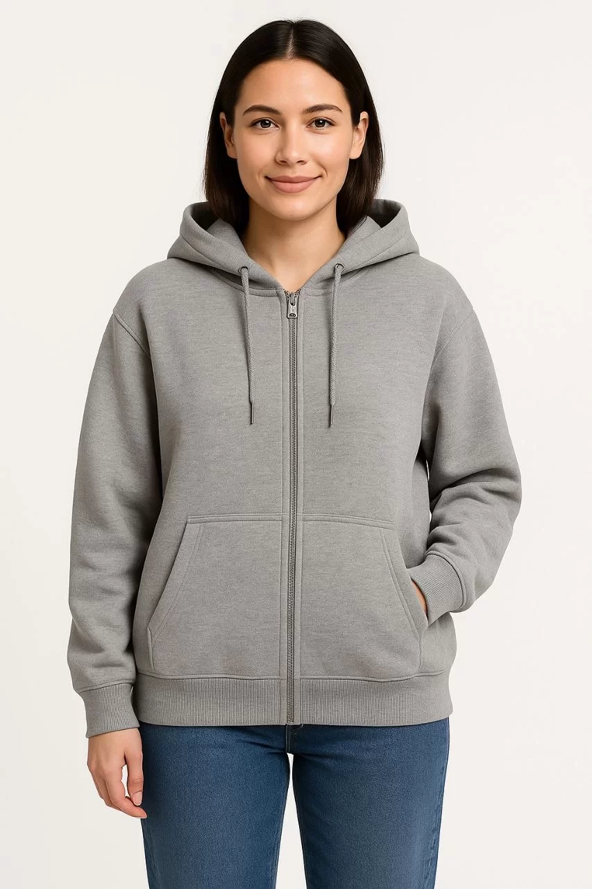 Kadın Üç İplik Kapüşonlu Tam Fermuarlı Kanguru Çepli SweatShirt Hoodie - Gri
