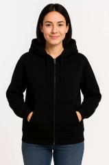 Kadın Üç İplik Kapüşonlu Tam Fermuarlı Kanguru Çepli SweatShirt Hoodie - Siyah